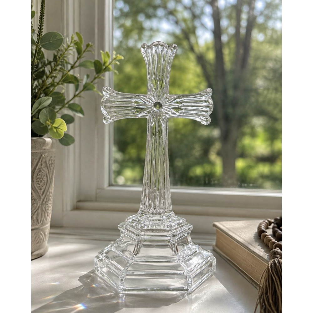 Vintage Clear Crystal Standing Cross Crucifix Religious Home Decor Figurine 7"‎